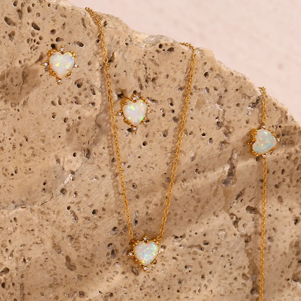 European And American Fashion Retro Popular Bracelet Ear Studs Stainless Steel Gold-plated Peach Heart Opal Necklace