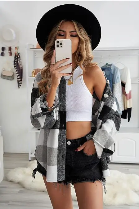 Casual Long sleeved Lapel Loose fitting Blouse Plaid Woolen Coat Grey - Shop at LoveMi