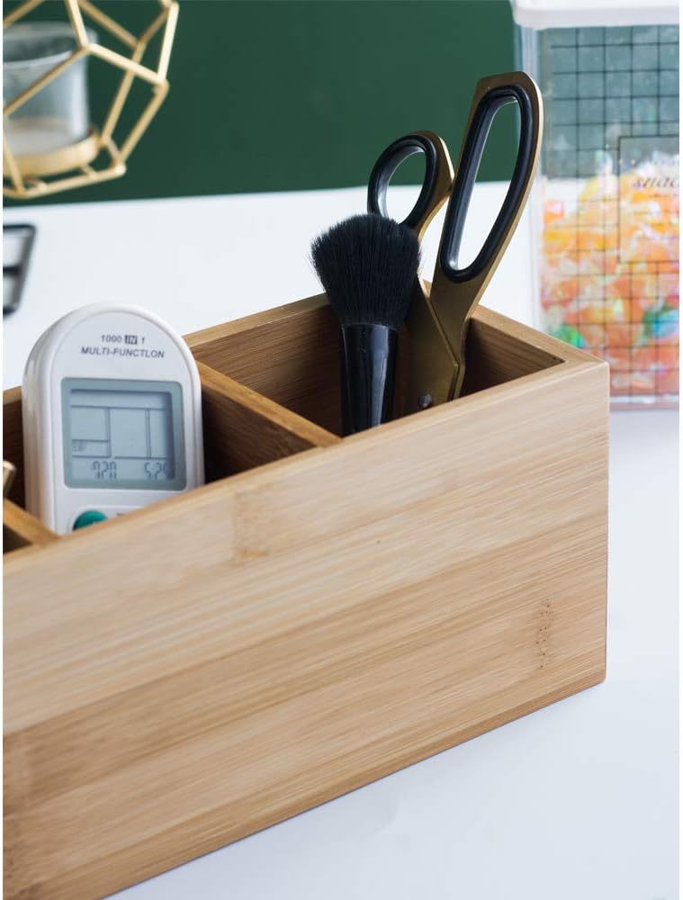 Bamboo Desk Organizer With 3 Compartments, Wooden Pen And Pencil Holder For Remote Controls, Makeup Brushes, Silverware And Office Supplies 5