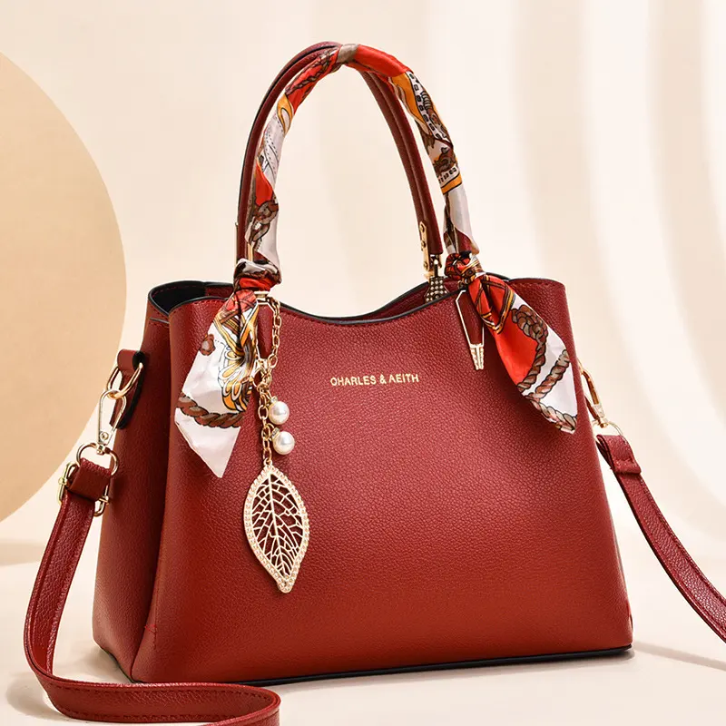 Women's Shoulder Bag with Leaf Pendant Fashion Silk Scarf