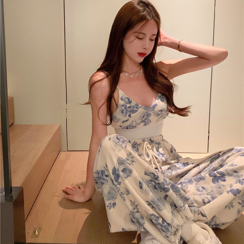 Suit Women Hong Kong Style Wide-leg Pants  Design Suspender Top