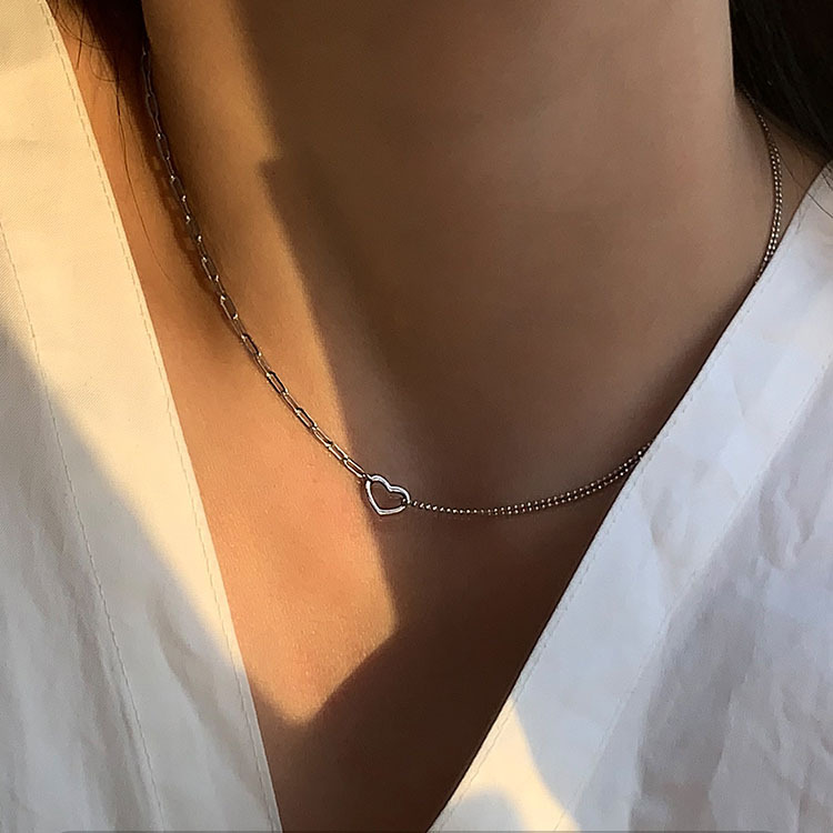 Heart Asymmetrical Chain Silver Necklace For Women