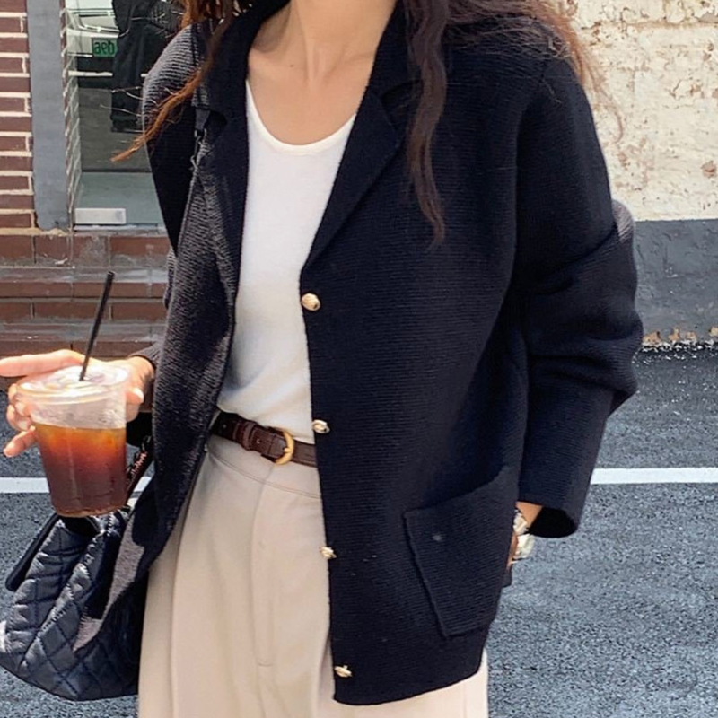 Women's Small Metal Single Breasted Loose Long Sleeve Knitted Cardigan Coat Navy - Shop at LoveMi