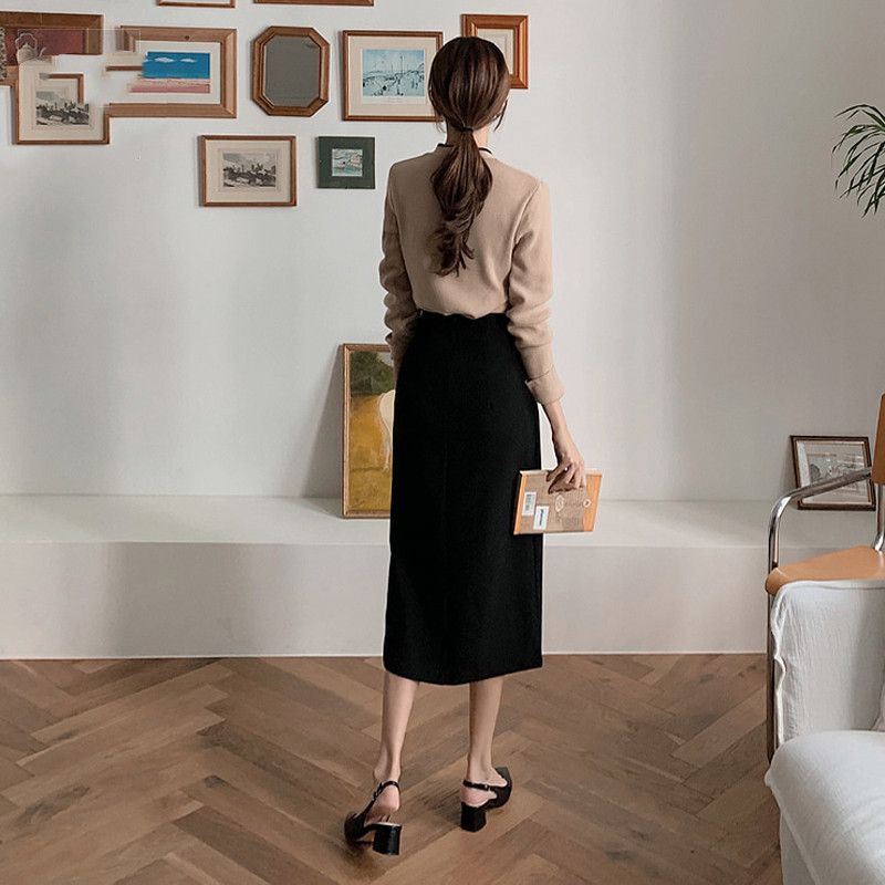 Retro A-line Slit Bag Hip Skirt High Waist Mid-length Skirt
