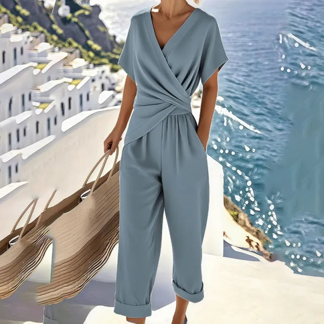 Women's Fashion Solid Color 2 Piece Set Short Sleeve Cross V Neck Top With Ruched Detail & Wide Leg Jumpsuit With Pockets Blue - Shop at LoveMi