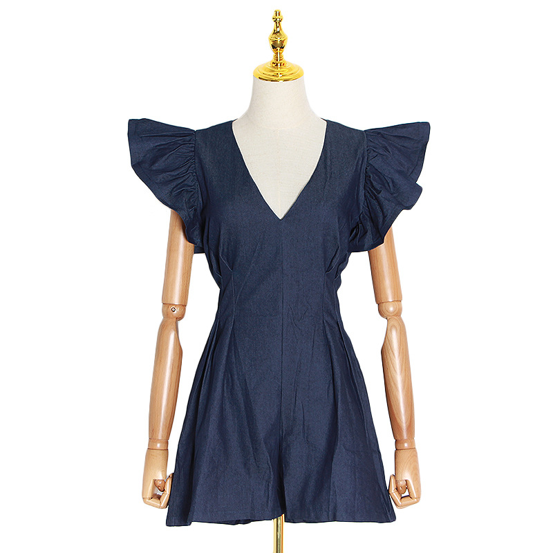 V-neck Ruffled Sleeveless Waist Wide-leg Bodysuit