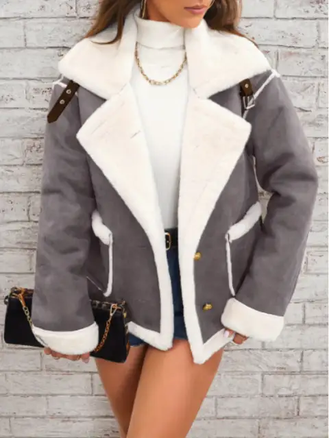 Lapel Plush Jacket, Winter Warm Casual Outwear, Women's Clothing