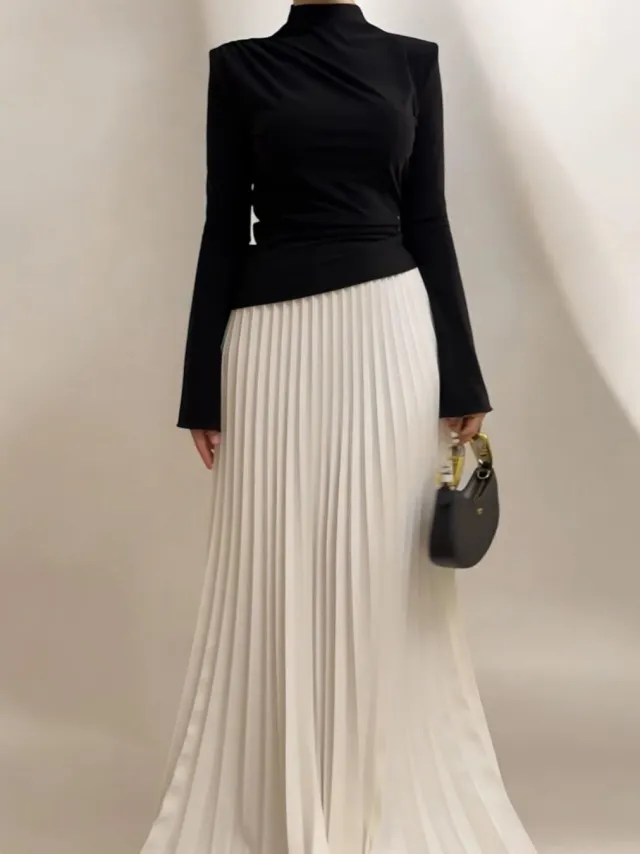 Turtleneck Solid Color Top & Contrasting Color Skirt Suit Black And White - Shop at LoveMi