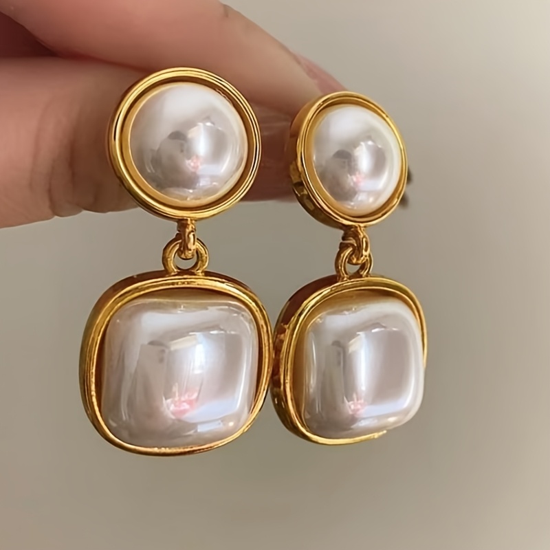 1 Pair Dangle Faux Pearl Geometric Inlaid Earrings, Minimalist & Classic Design, Elegant & Fashionable, Perfect For Women's Banquets & Parties