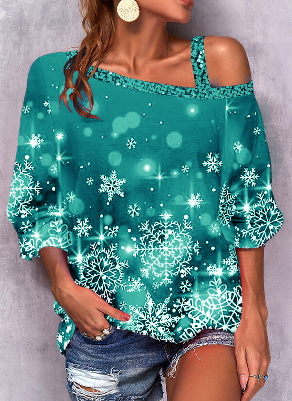 Printed Loose Casual Snowflake Christmas Autumn And Winter Sexy Slanted Shoulder T-shirt