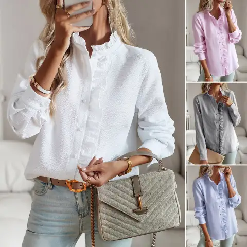 Striped Long Sleeve Shirt Fashion Ruffle Design Button Up