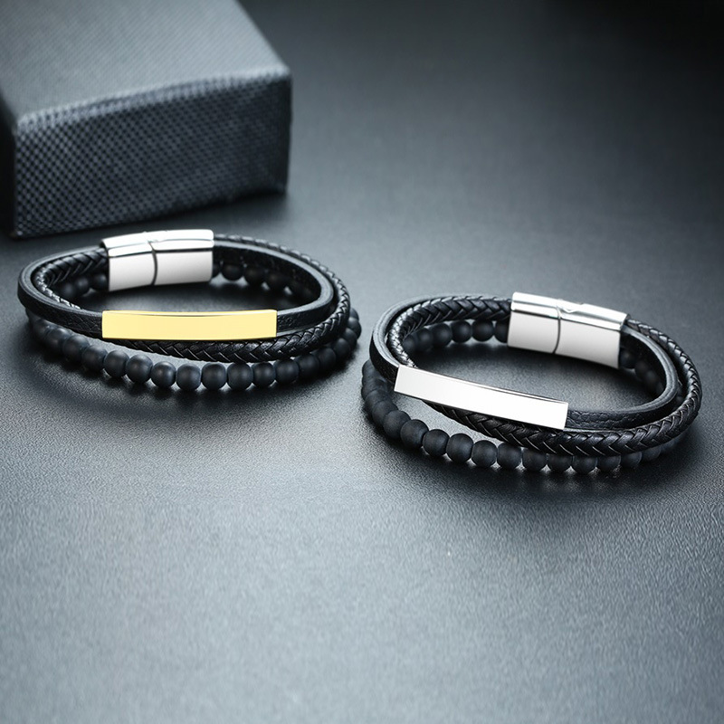 Title 2, Bracelet homme en acier inoxydable et cuir noir