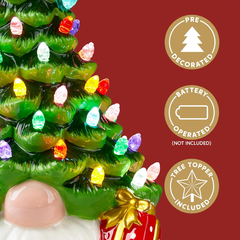 12 Gnome Ceramic Tree, Light Up Tabletop Xmas Decor With 60 LED Lights, Ceramic Tree With Christmas Themed Design, Xmas Holiday Indoor Office Table Fireplace Decoration 4