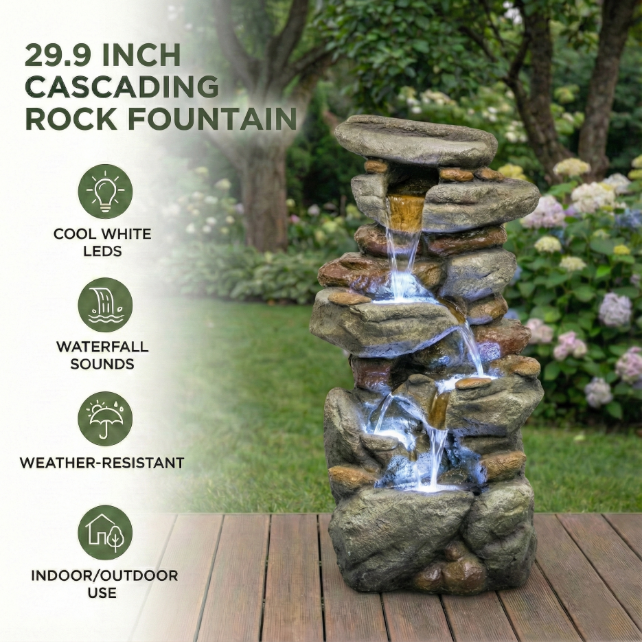 Outdoor Water Fountain Large - Stone Fountains With LED Light For Patio Yard Garden Backyard Decking Outdoor Or Entryway Decor 30inch — foto 3