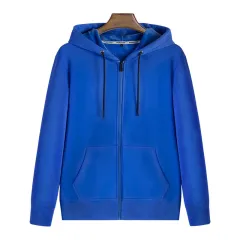 Zipper Hoodie Solid Color Plus Fleece Sweatshirt - Blue - View 1