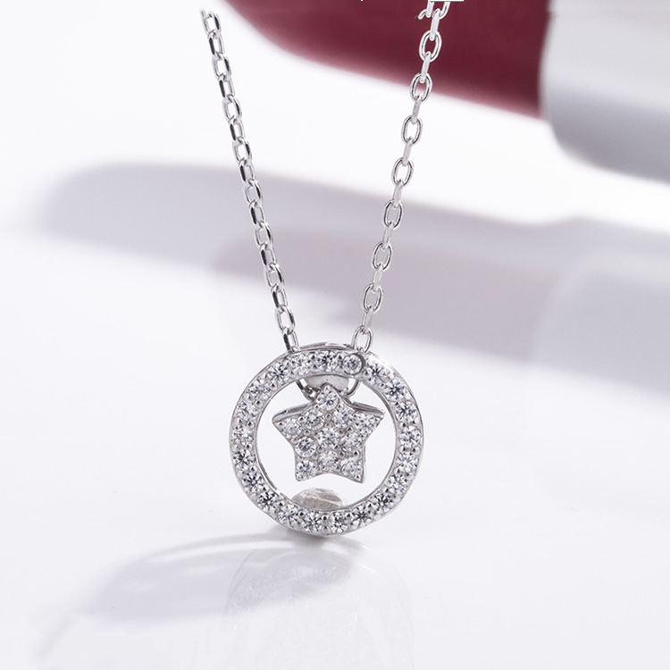 S925 Sterling Silver Full Diamond Star Necklace Female Simple Clavicle Chain Circle Pendant Temperament
