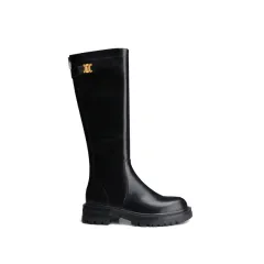 Gold Buckle Plus Velvet Thick Round Toe Thick-soled Thick Heel Long High Barrel Knight Boots - Black - View 1