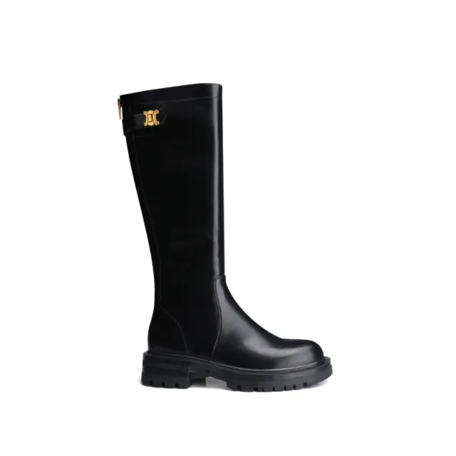Gold Buckle Plus Velvet Thick Round Toe Thick soled Thick Heel Long High Barrel Knight Boots Black - Shop at LoveMi