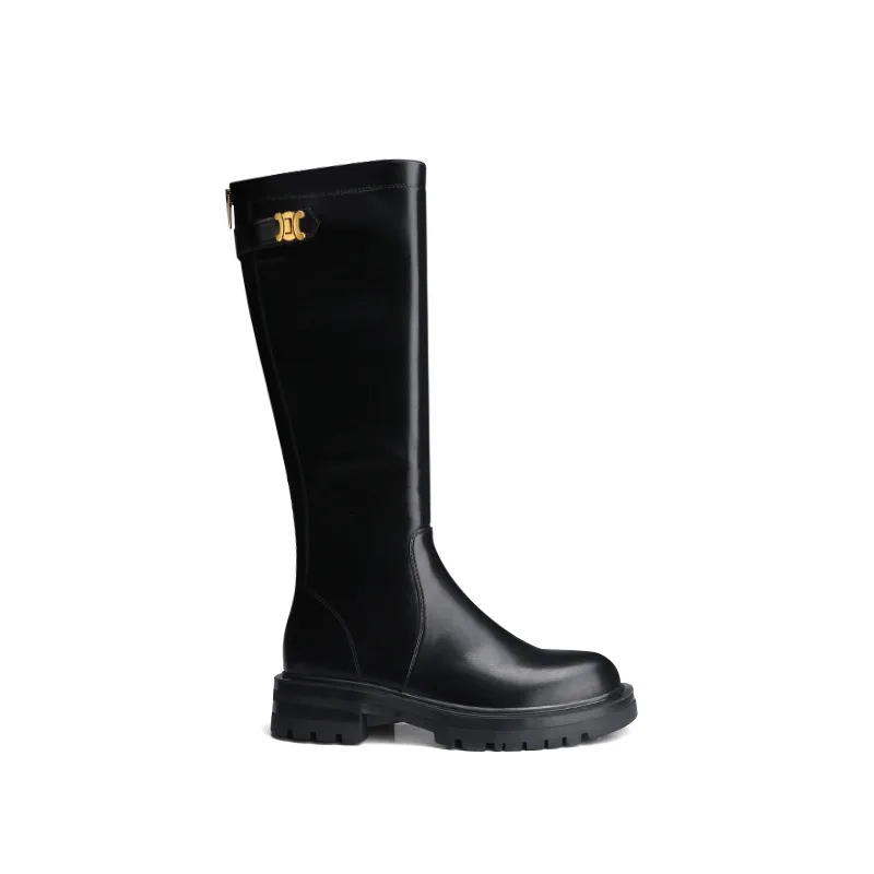 Gold Buckle Plus Velvet Thick Round Toe Thick-soled Thick Heel Long High Barrel Knight Boots - Black