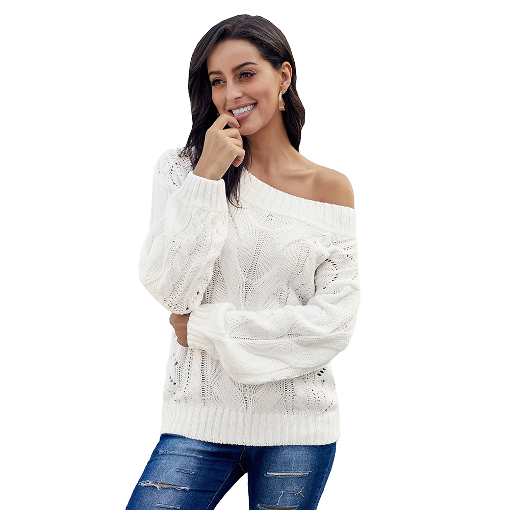 Thick Women's Diagonal Collar Long-sleeved Off-the-shoulder Loose Pullover Sweater