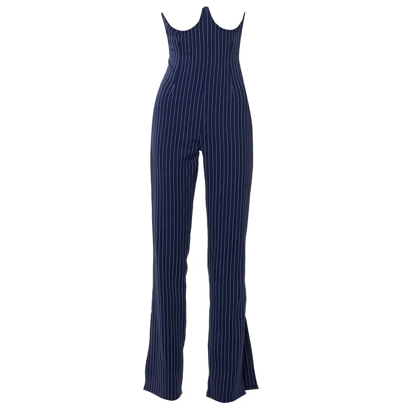 Women's Striped Corset Slit Slim Trousers - Blue