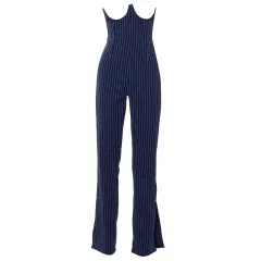 Women's Striped Corset Slit Slim Trousers - Blue - View 1
