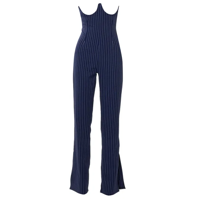 Women's Striped Corset Slit Slim Trousers Blue - Shop at LoveMi