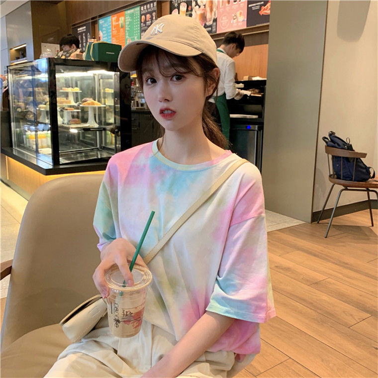 Tie-dye Short-sleeved Women's New Korean Style Loose Ins Top Trend
