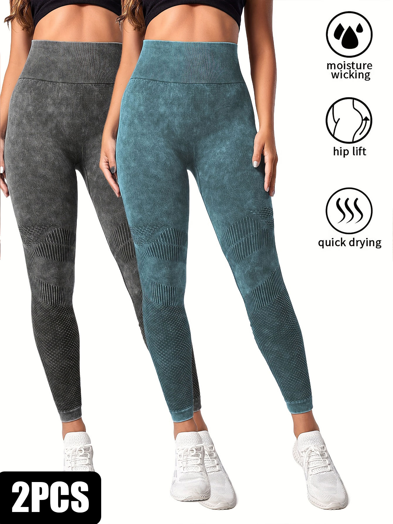 2 Pack Women's Seamless Washed Wide Waistband Sports Leggings, Women's High Waist Yoga Leggings, Textured Tummy Control Ruched Booty Tights Push Up Yoga Pants 2Pack1 L - Shop at LoveMi