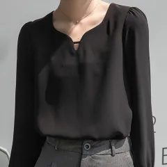 French Vintage Long Sleeve Shirt Women's Spring Dress - Black - View 1