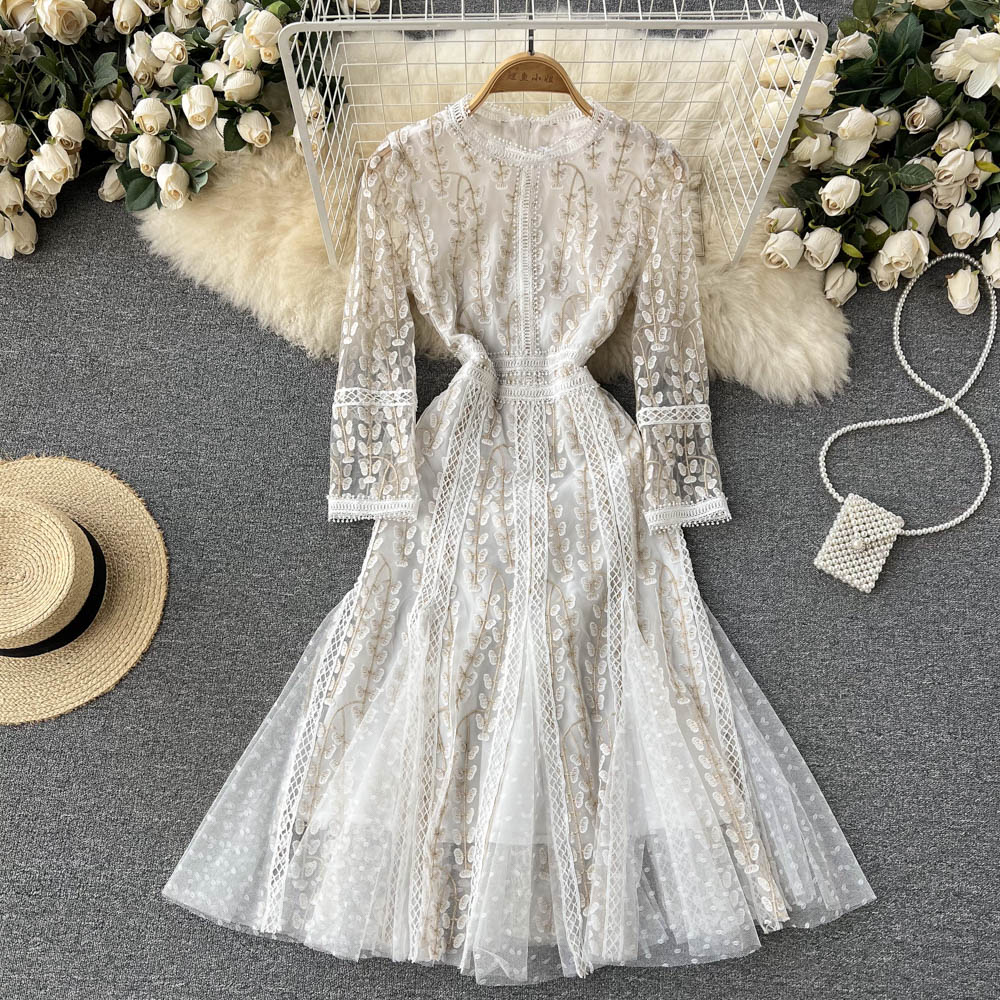 Mesh Embroidery Patchwork Light Luxury Celebrity Dress White - Shop at LoveMi
