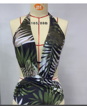 Green Leaf Print One-piece Halter Suit
