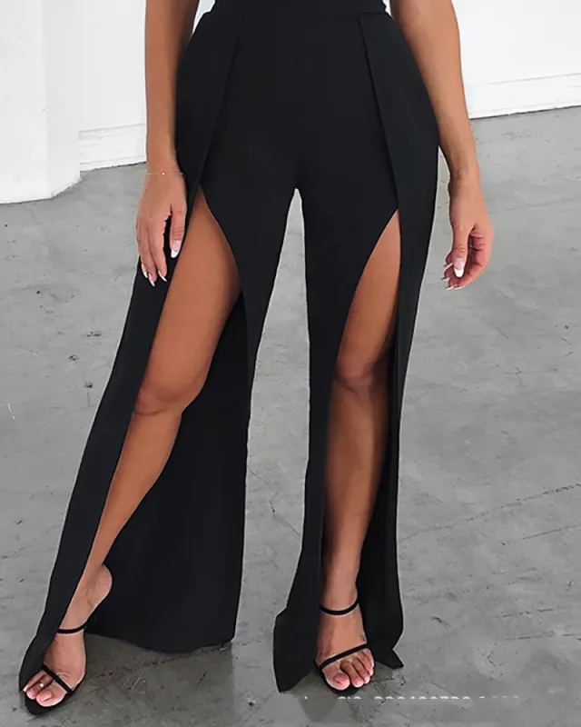 Fashion Slim Black Split Tube Top Jumpsuit Black - Shop at LoveMi