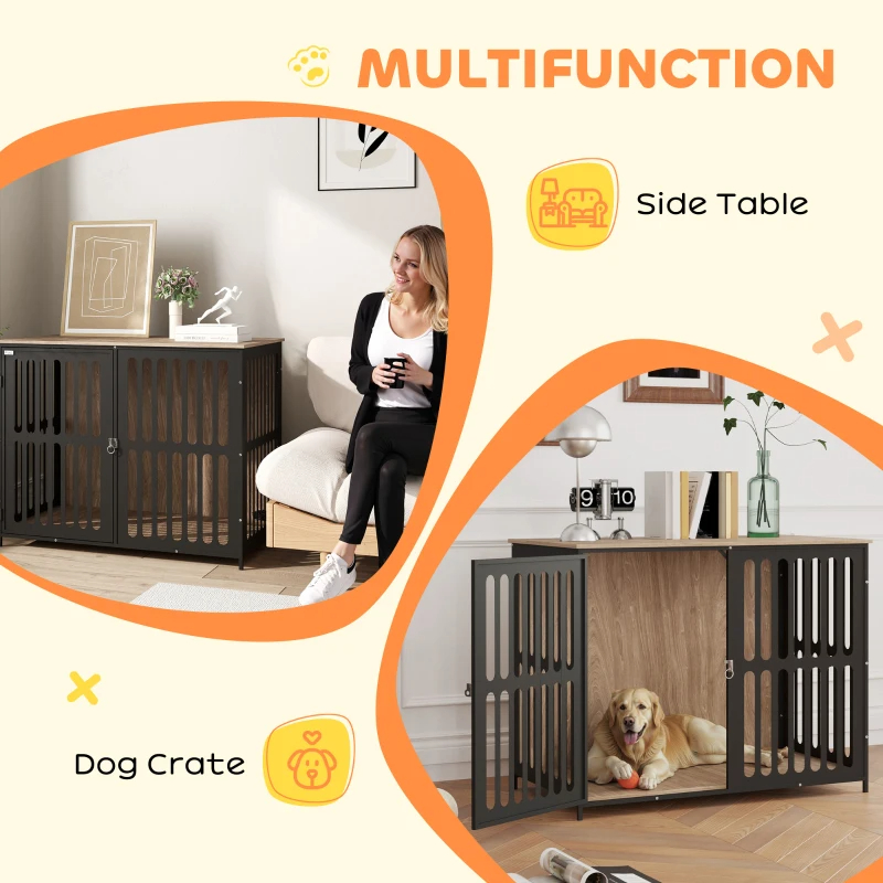 Dog Crate Furniture W Anti-Chew Resistant Mesh, Anti-Escape Single Door, For Large Dogs, Walnut Brown