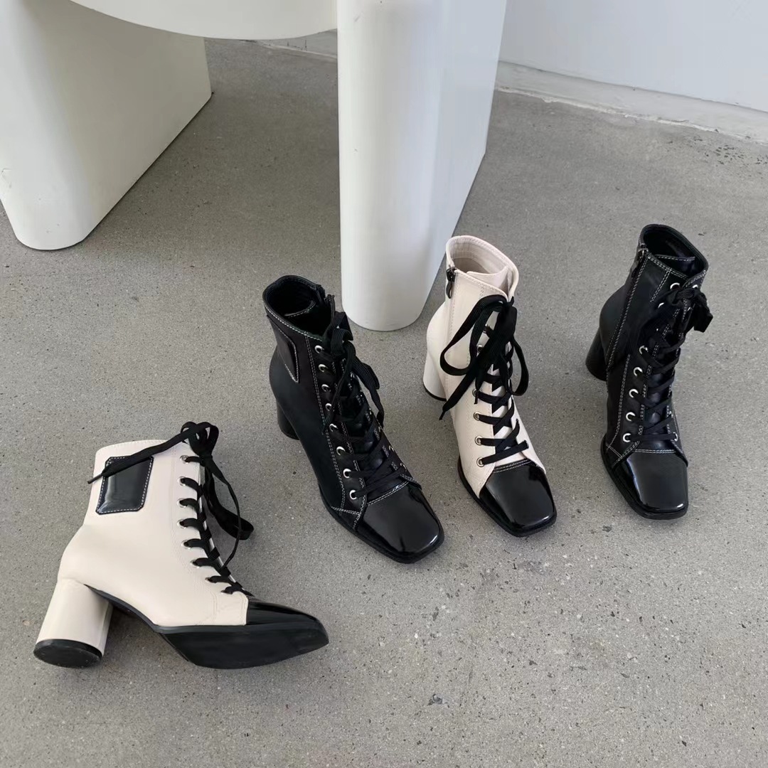 Women's New Square Toe Thick High-heeled British Style Martin Boots