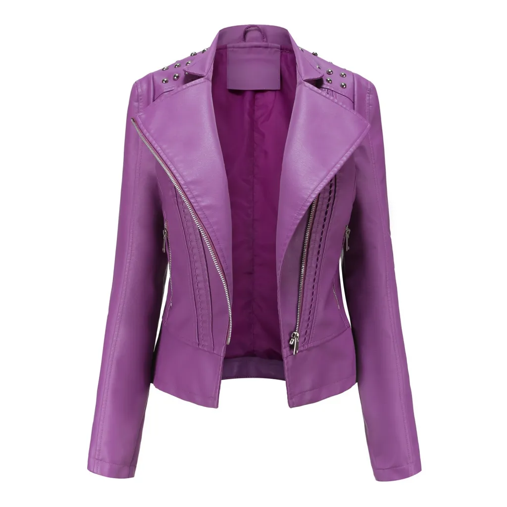 Women's Leather Jacket Slim Thin Small Coat - Purple