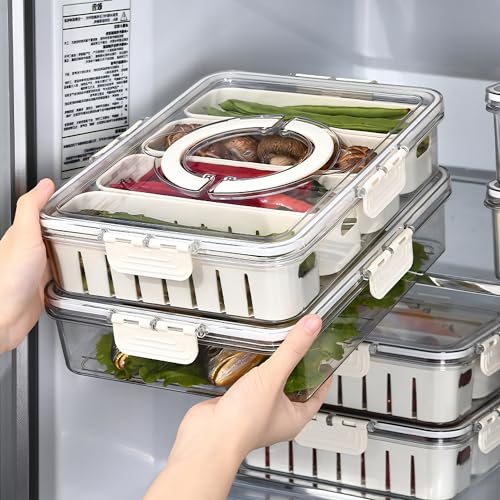Vegetable Tray With Divided Lid And Handle. Divided Plate With Four Compartments. Portable Snack Storage Box. Stackable Snack Container. Refrigerated Food Container. Suitable For Fruits, Vegetables, A 5