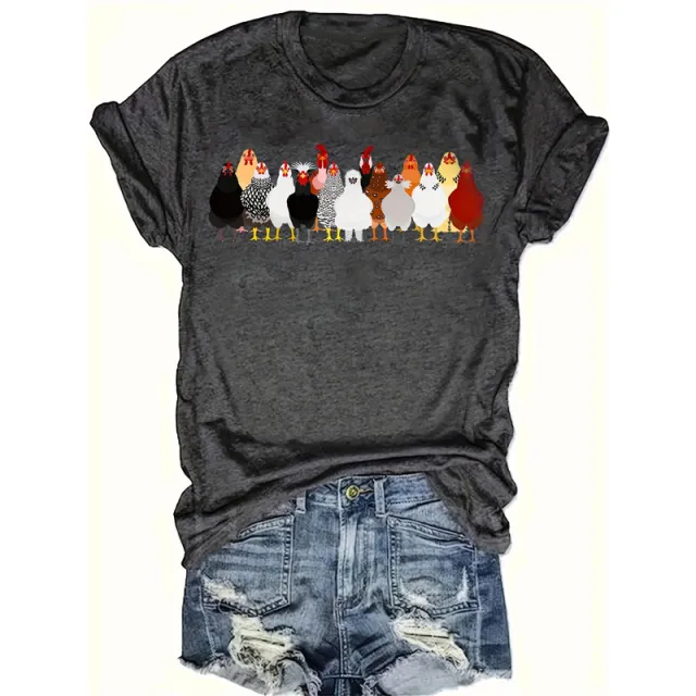 Women's Chicken Breeds Print Round Neck Tee Fun Casual Summer Top Gray - Shop at LoveMi
