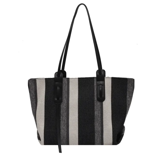 Canvas Large capacity One shoulder Tote Bag Stripe Contrast Color Handbag Black - Shop at LoveMi