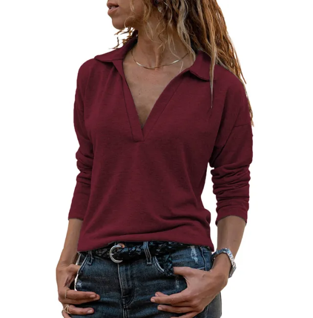 Loose V neck Pullover Solid Color Stand up Collar Sweater Tan - Shop at LoveMi