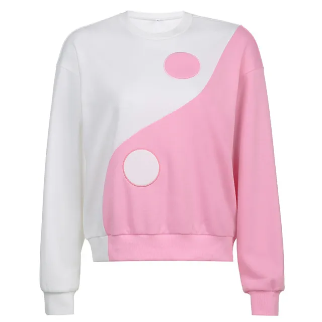 Ladies Patchwork Contrast Round Neck Long Sleeve Sweatshirt White - Shop at LoveMi