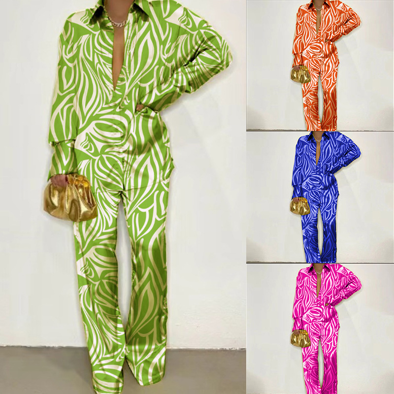 Women's Fashionable Printed Long-sleeved Shirt Two-piece Set