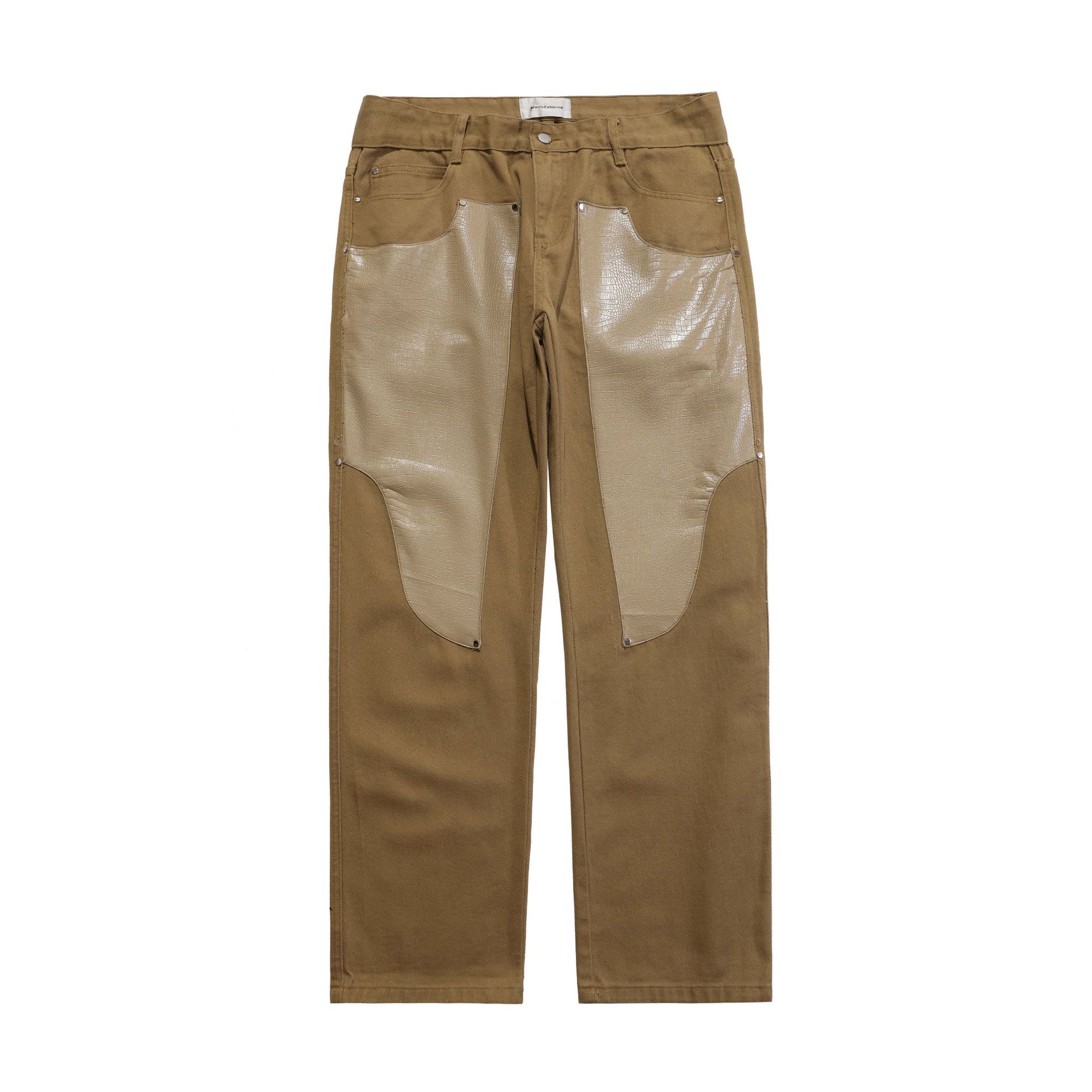 Men's Trendy Leather Patchwork Solid Color Washed Trousers