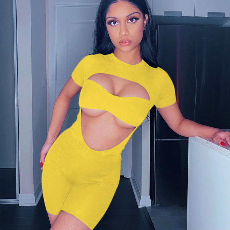 Women's Summer Solid Color Stitching Short-sleeved One-piece High-waist Five-point Shorts Suit