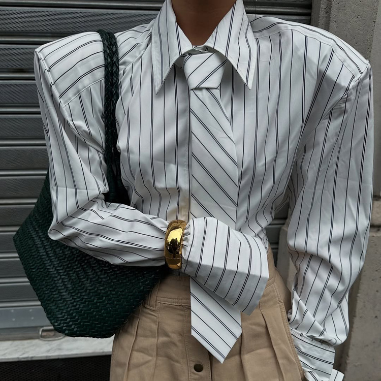 Commuting Striped Collared Long-sleeved Cardigan With Tie Shirt