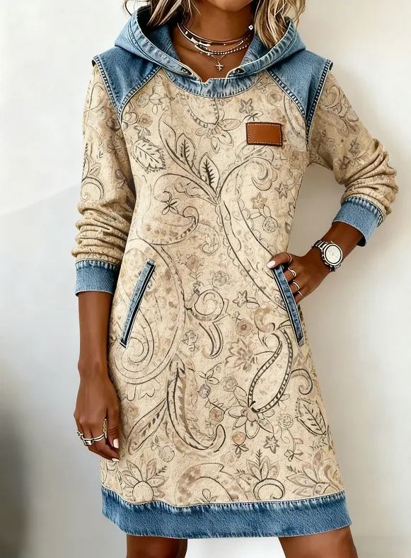 Casual Hooded Denim Color block Loose Women's Long sleeved Mid length Sweatshirt Dress Khaki - Shop at LoveMi