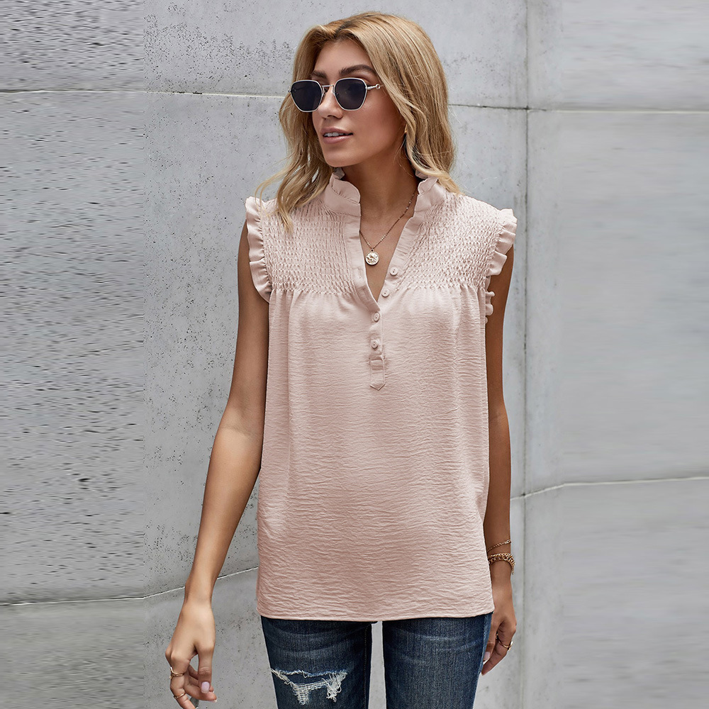 Title 5, Summer New High-neck Button Frill Loose Casual Top