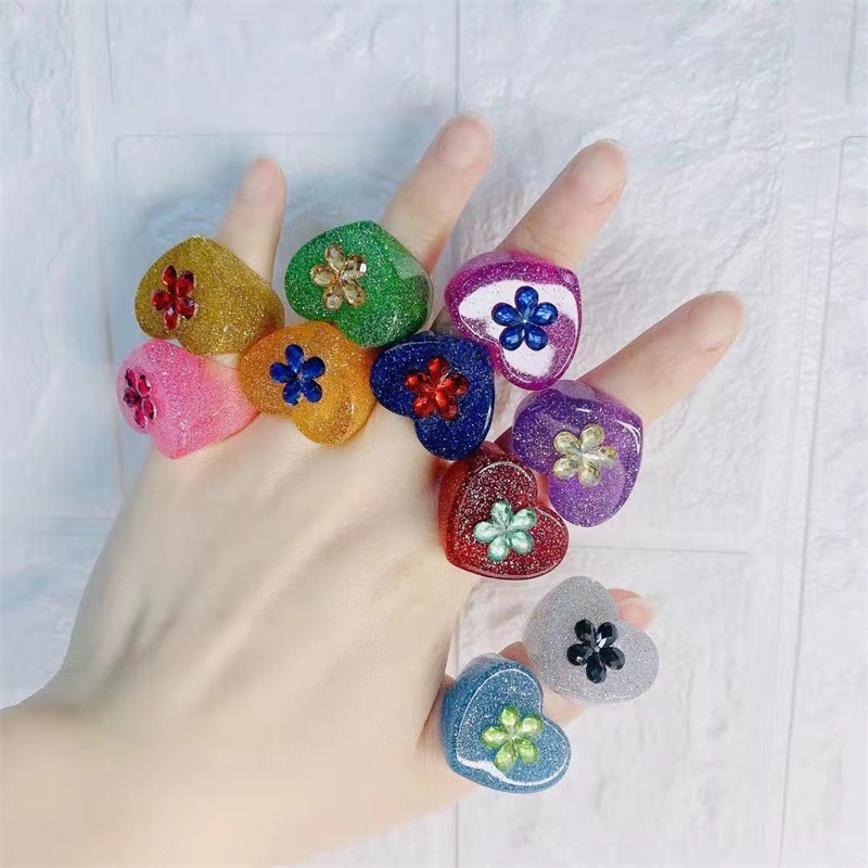 Korean Version Of Resin Flower Color Diamond Love Heart Glitter Sequin Ring Women