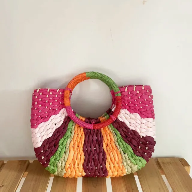 Color Contrast Moon Woven Straw Bag Rose - Shop at LoveMi