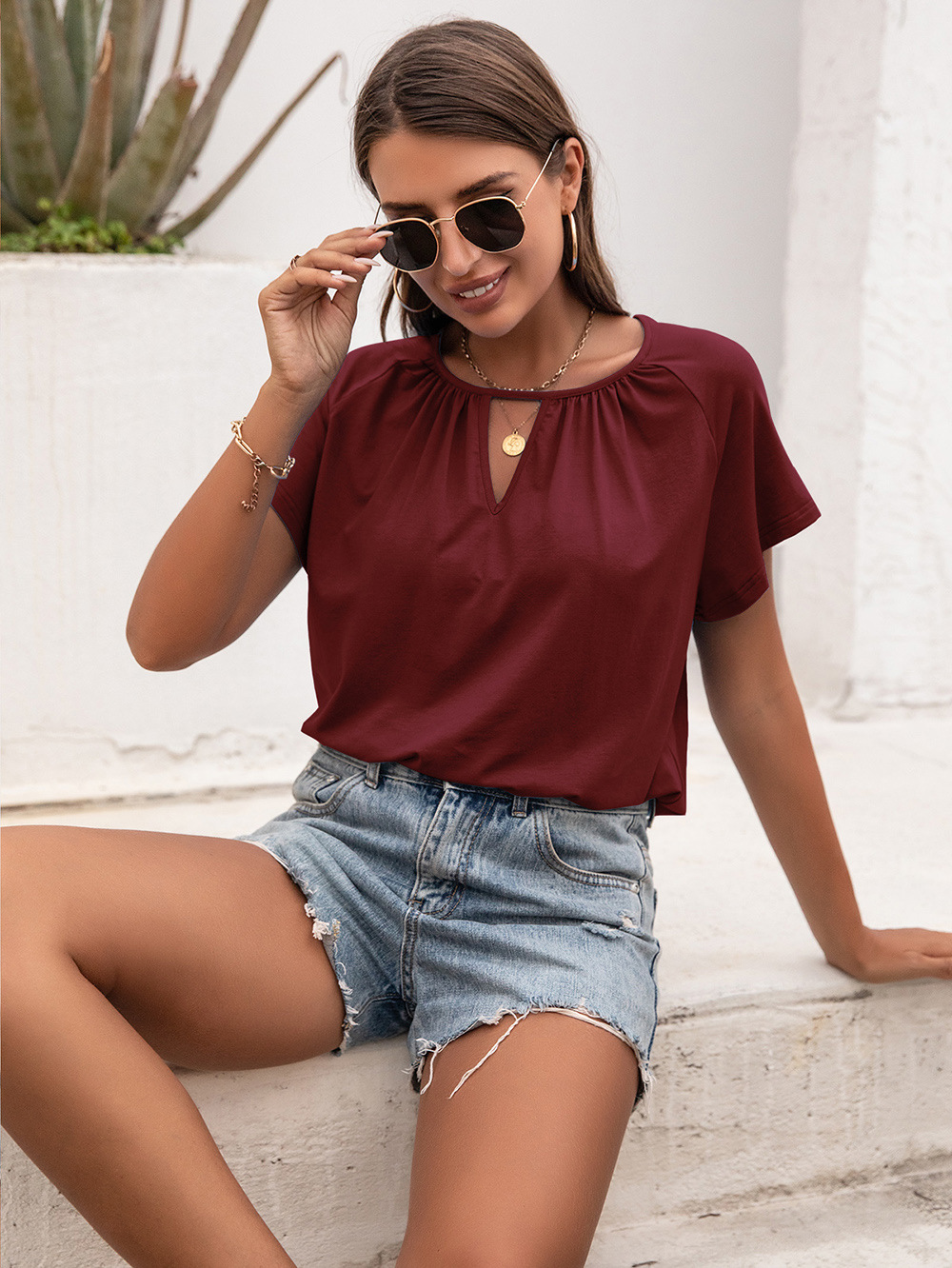 Title 2, Cutout Short Sleeve T-Shirt Crew Neck Loose Kni...